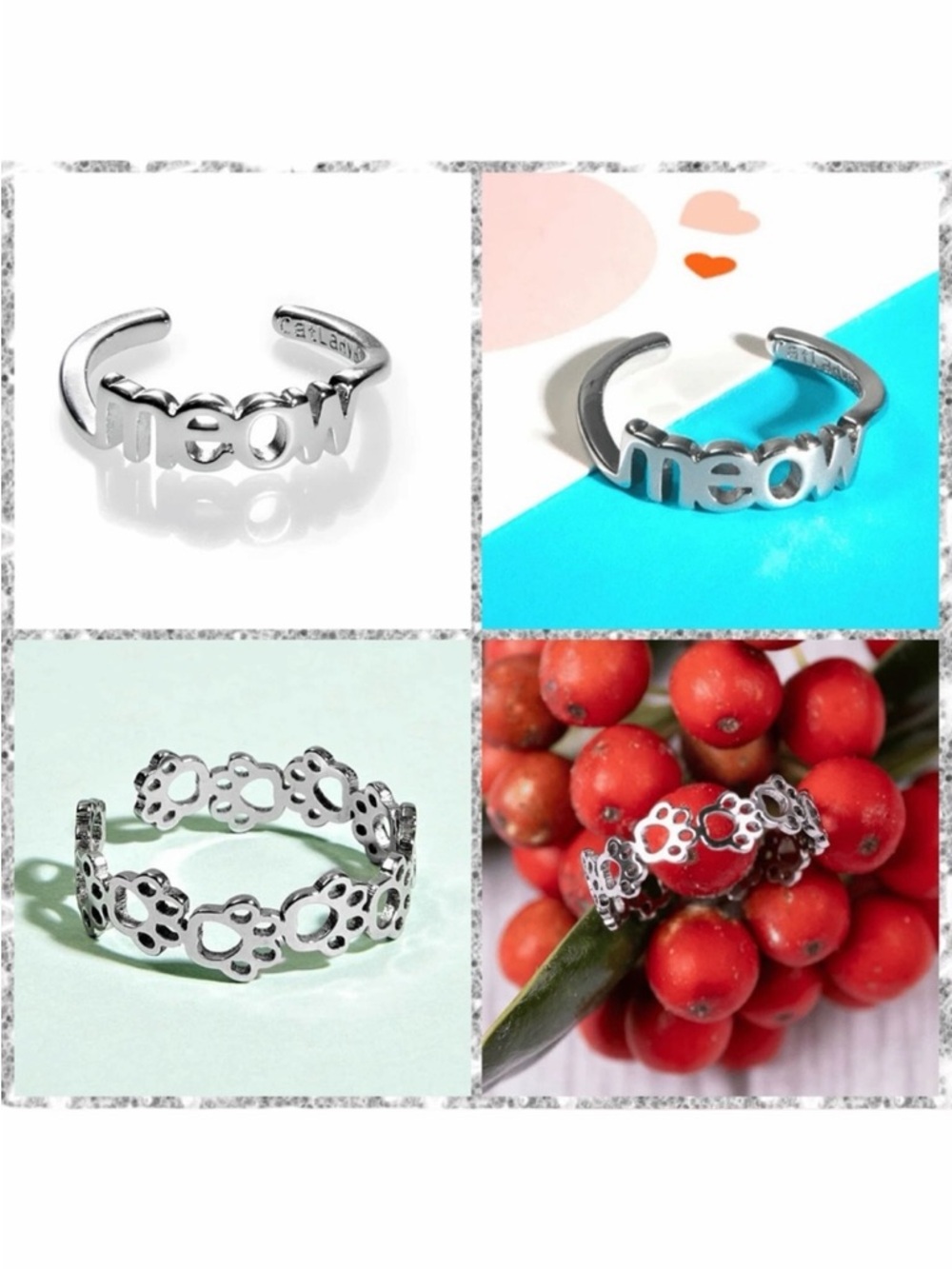 Cat Lady Box Silver Tone Adjustable Ring Set